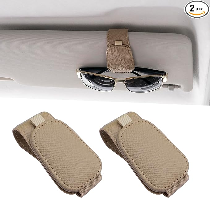 Yuoyar 2 Packs Magnetic Sunglass Holder for Car Visor - Universal Sunglasses Clip for Different Size Eyeglasses - Convenient Interior Car Accessories (Beige)