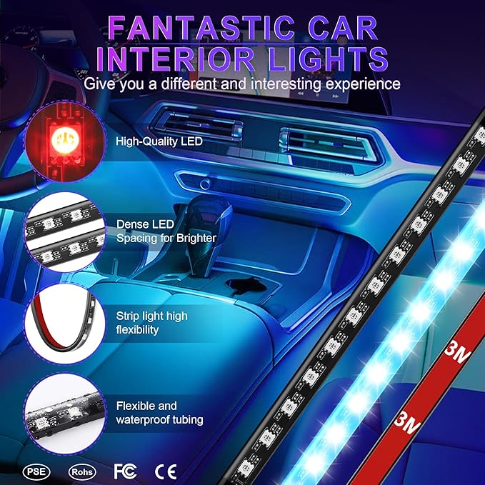 LivTee Smart Car Interior LED Lights, RGB Ambient Strip Lights with App, Remote & Controller Buttons, DIY & Music Sync Modes, 2-Line Design, Gift-Ready Car Accessories for Women & Teens