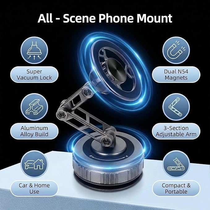 Vacuum Suction Car Phone Mount [80LBS Strong Suction & 3-Section Long Arm] Magnetic Dashboard Holder for Car, 360° Rotation Stand with Metal Ring for iPhone 17 16 15 14 13, Samsung & All Phones