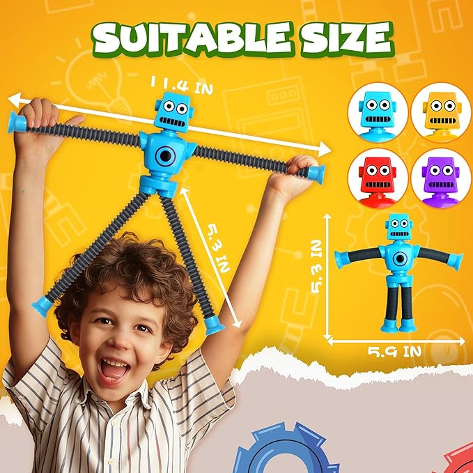 Robot Sensory Travel Roadtrip Toys 4Pcs for Toddlers Kid Boy Year Old Ages 3 4 5 6 7 8 9,Airplane Activities Suction Autism Pop Tube Fidget Toys Autistic Stocking Easter Basket Stuffer Valentine Gift