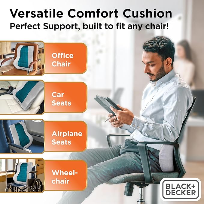 BLACK+DECKER Memory Foam Lumbar Support Pillow with Cooling Gel – High Back Lumbar Cushion for Office, Car, Wheelchair & Airplane – Ergonomic, Pain Relief, Adjustable Strap, Washable Cover,Grey/Black