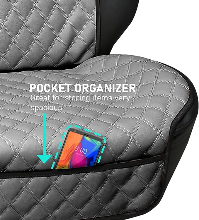 FH Group Car Seat Cushion – Faux Leather Single Front Seat Cover with Front Pockets, Airbag Compatible, Universal Fit Car Seat Cushion for Driver or Passenger Seat, SUV, Truck, Sedan & Van – Gray