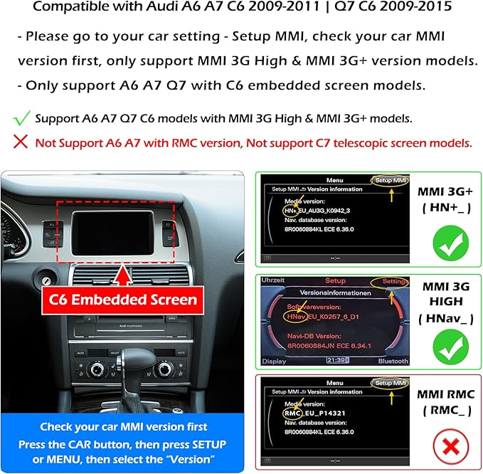 Wireless CarPlay + Android Auto + Mirroring Retrofit Decoder Box Kit, Compatible with Audi A6 A7 2009-2011 Q7 2010-2015 with C6 Embedded Screen & MMI 3G High / 3G+ Models