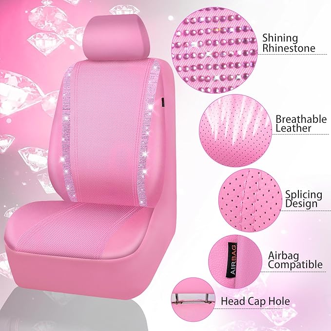 CAR PASS Bling Diamond Car Seat Covers, Shining Rhinestone Waterproof Faux Leather Pink Car Accessories Two Front Only Universal Fit Auto Glitter Crystal Sparkle Strips for Cute Women Girl, Pink