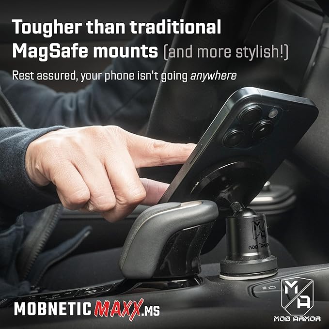 Mob Armor MobNetic Maxx MS - MagSafe Compatible Car Phone Mount w/ 90º Tilt, 360º Rotation & Durable Aluminum Build, Magnetic Holder for iPhone & Android Devices, USA Assembled - Black Chrome