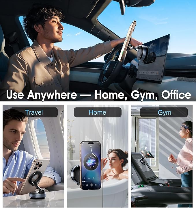 REOKILY 2026 Upgraded Vacuum Magnetic Car Phone Holder 360° Reinforced 96LBS Ultra Suction Cup Phone Mount for MagSafe Cell Phone Holders for Your Car/Gym/Mirror Mount for iPhone & Android