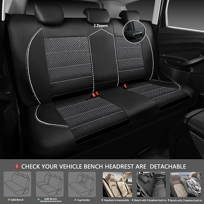CAR PASS Piping PU Leather Car Seat Cover Full Set, Inside Zipper Design and Reserved Opening Holes, Airbag Compatible,Universal FIT for Car, SUVs,Van,Trucks（Full Set, Black & Silver