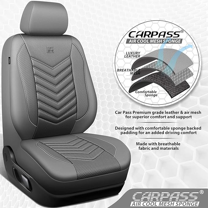 CAR PASS 3D Foam Mesh Leather Car Seat Covers Front Seats, Grey Breathable Front Seat Cover for Cars, Comfortable Universal Fit for SUV Truck Sedan Automotive Anti-Slip Airbag Compatible, Pure Gray