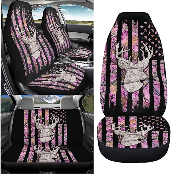 KEIAHUAN Car Seat Covers Pink Front Saddle Blanket Rear Split Bench Protection Cover Soft and Comfortable Automotive Accessories Fit Most Cars, Sedan, Truck, SUV and Van, Branch Camo Hunting
