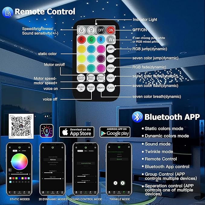 AMKI Upgraded 16W Starlight Headliner Kit Twinkle+Sound Activated 550pcs 0.03in 13.1ft Cable Sound Activated APP/Bluetooth Remote Control Fiber Optic Light for Car Roof Home Ceiling
