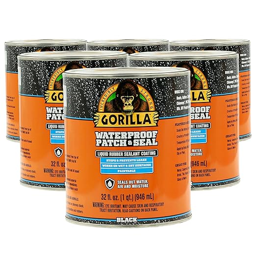 Gorilla Patch & Seal Liquid Rubber Waterproof Sealant, Black, 32 Ounce (Pack of 6) - Seals Out Water, Air, and Moisture