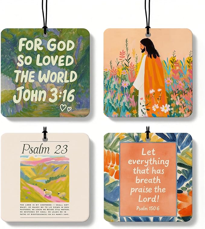 Jesus Christian Square Citrus Car Air Freshener 4 Pcs, Colorful Floral Religious Hanging Air Freshener for Cars Bathroom Dorm Books Decor, Jesus Christian Accessories Gifts for Women Men