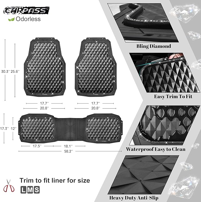 CAR PASS Bling Diamond Rubber Car Mats, Heavy Duty Deep Dish All-Weather Floor Mat Full Set Anti-Slip 3D Rhombus Waterproof Trim to Fit Liner Universal Glitter Sparkly Shining Rhinestone, 3 Pcs Black