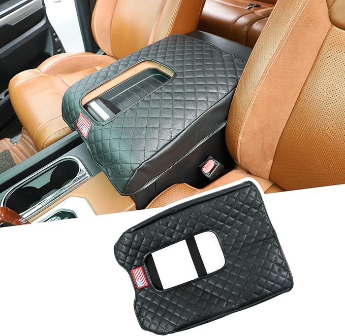 LLKUANG Car Center Console Armrest Cover Pad Fit for Toyota Tundra 2007-2021 Waterproof Leather Seat Armrest Box Cushion Pad Protector (Black + American Flag)