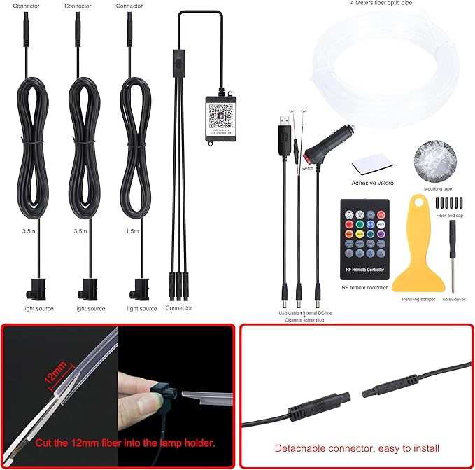 4 m Optic Fiber Car Ambient Lighting Kit Bluetooth App Control + RF Remote Control 64 Colors Multicoloured Music Interior Lighting Kit 12V 1W