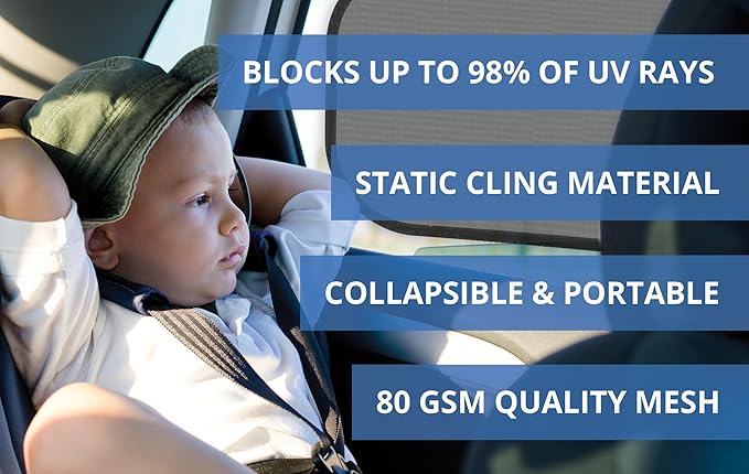 Car Sun Shades for Side and Rear Window (4 Pack) - Car Sunshade Protector - Protect Your Kids and Pets in the Back seat from Sun Glare and Heat. Blocks Over 98% of Harmful UV Rays - Easy to Install,