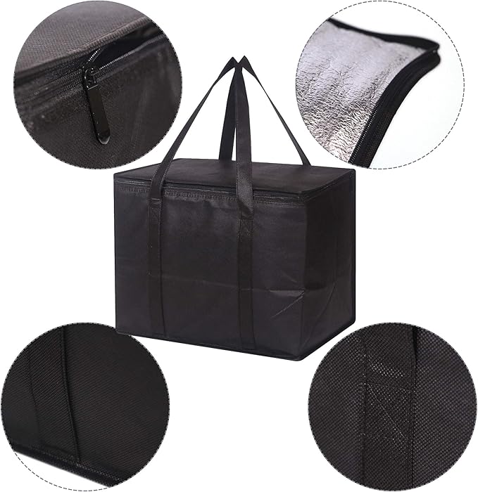 Set of 2 Large Insulated Reusable Grocery Bags with Sturdy Zipper and Handles, Foldable Washable Heavy Duty Cooler Totes for Hot or Cold Food Delivery, Groceries, Travel, Shopping