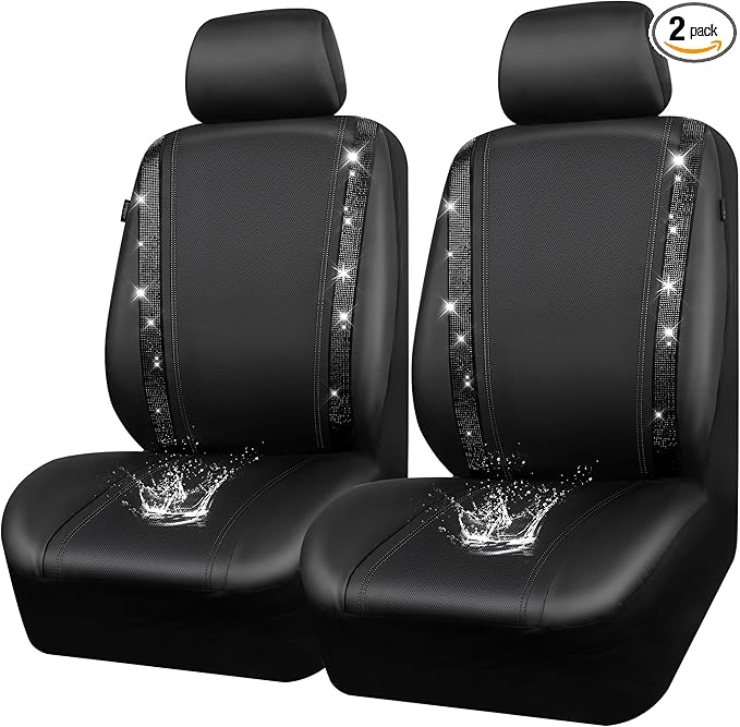 CAR PASS Leather Bling Diamond Car Seat Covers 2 Front Interior Sets, Waterproof Universal Shining Glitter Crystal Sparkle Fit for 95% Automotive Truck SUV Cute Women Girl, Black Rhinestone