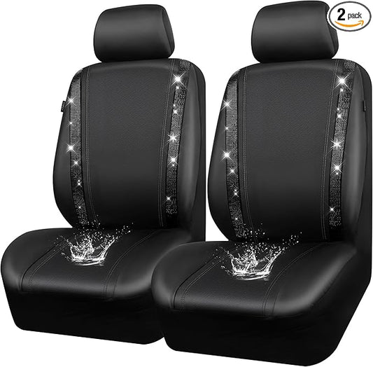 CAR PASS Leather Bling Diamond Car Seat Covers 2 Front Interior Sets, Waterproof Universal Shining Glitter Crystal Sparkle Fit for 95% Automotive Truck SUV Cute Women Girl, Black Rhinestone