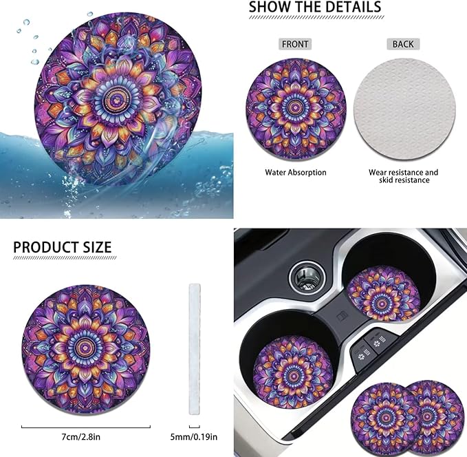 Bohemian Style Car Accessories for Men Women Flower Print Car Steering Wheel Cover Set 6 Pcs Cup Coaster Handbrake Gear Cover Suit for Most Cars Truck Vans SUV