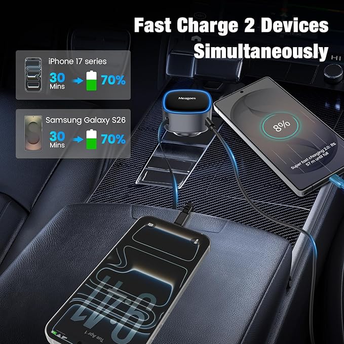 Retractable Car Charger USB C, 90W Super Fast Car Adapter for iPhone 17 Pro Max/Air/16/iPad/Samsung S26, USBC Android Phone Accessories, Dual 45W PPS Cigarette Lighter Adapter Plug with Type C Cable