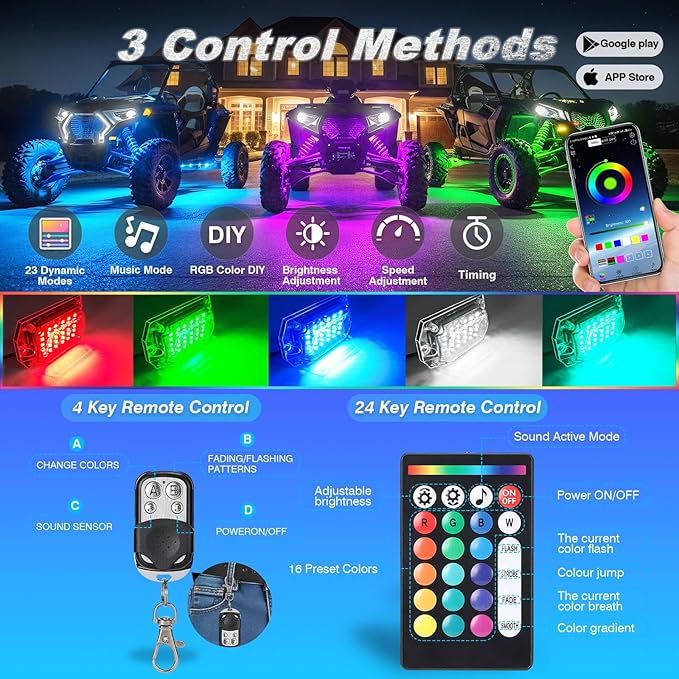 4Pods Full Angle RGB LED Rock Light Full Kit for ATV UTV RZR SXS Can-Am Four Wheeler Quad Side by Side Offroad Golf Cart with APP/RF Remote,Waterproof Multicolor Underglow Light 120Chip Music Mode 12V