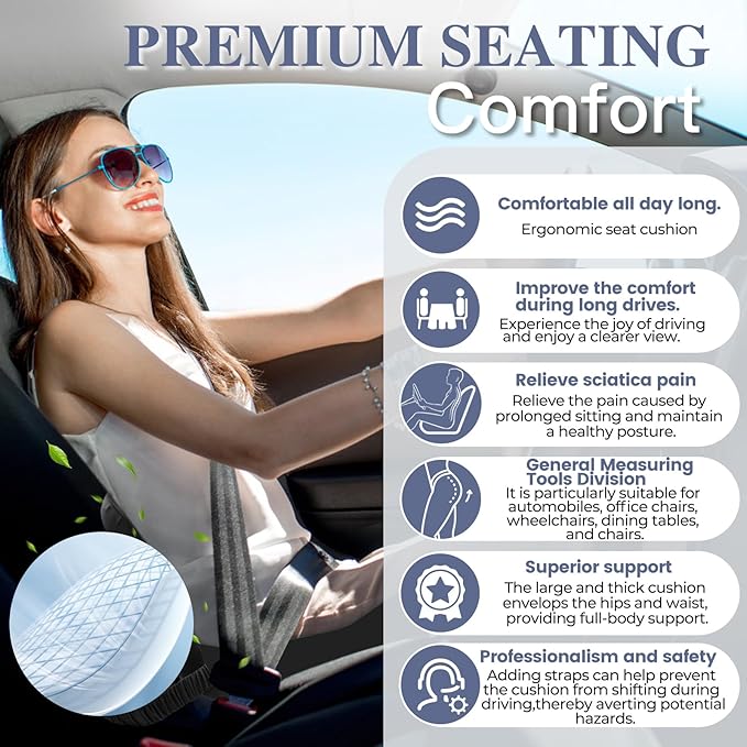 Memory Foam Seat Cushion for Sciatica & Back Pain Relief - Ergonomic Chair Pad with Adjustable Strap & Supportive Comfort Cover, Non-Slip for Car, Truck, Office Chair -Black