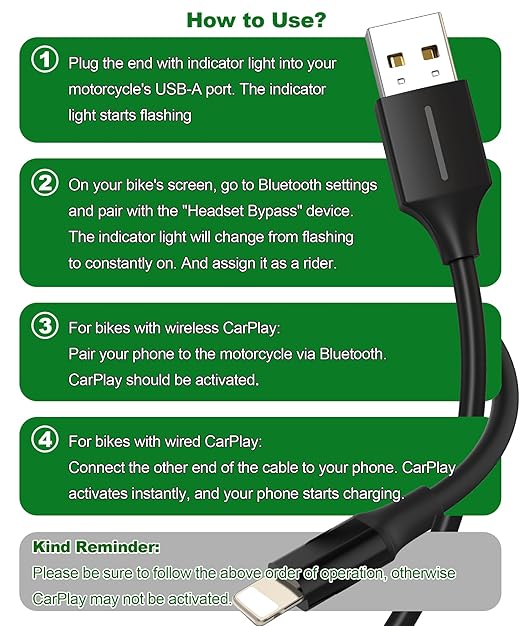 Headset Bypass Activate Cable for Motorcycle CarPlay Activation, USB-A to 8Pin CarPlay Adapter for Motorcycle, Compatible with Harley, Honda Gold Wing, Indian Motorcycles
