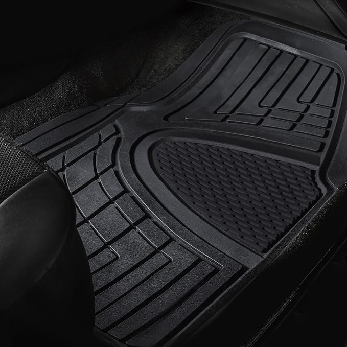 FH GROUP Car Seat Covers Premium Tall Channel Rubber Trimmable Floor Mats w. FH3001 Snake Pattern Silicone Steering Wheel Cover- Universal Fit for Trucks, SUVs, and Vans (Solid Black) F11311