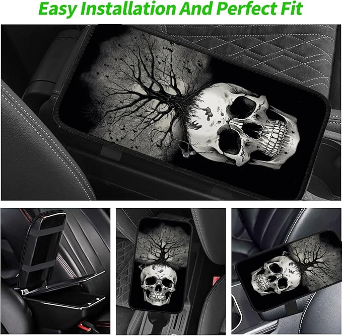 Car Armrest Cover Pads Universal Fashion Cute Auto Center Console Armrest Cover Pad with 2PCS Car Coasters Soft Waterproof Car Armrest Seat Protector for Women,Black White Skull Tree