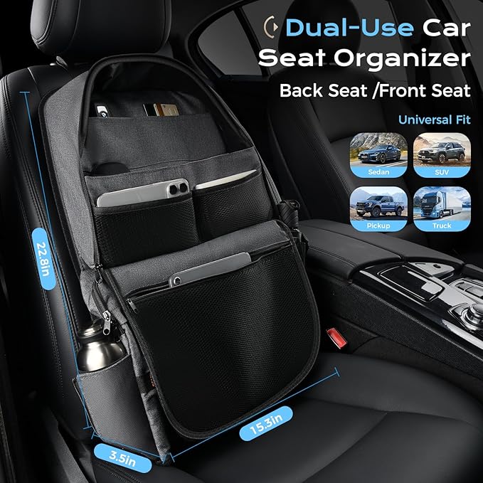 Coverado Backseat Car Organizer 2 Packs, Heavy-Duty Durable Dual-Way Use Car Back Seat Organizer Waterproof with Multi Pockets, Zipper Closure Design, Protect Valuables from Spills, Keeps Car Tidy