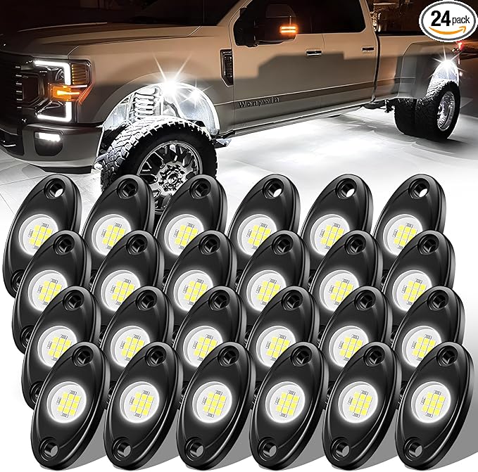 24 Pods White Rock Lights, 6000K Pure White Super Bright Wide Angle IP68 Waterproof LED Rock Lights for Trucks Pickup SUV UTV ATV Motorcycle Car Boats Underglow Lighting