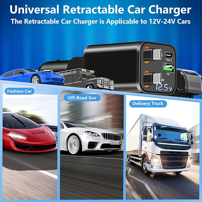 [Apple MFi Certified] Retractable Car Charger USB C, Braveridge 120W USB C Car Charger 4 in 1 PD/QC Type C Fast Charge Cigarette Lighter Adapter for iPhone 17/17 Pro Max/16 Pro/15/Galaxy S26/S25/Pixel