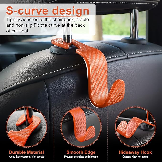 LivTee Car Purse Hook, 4 Pack Universal Auto Seat Headrest Hook Hangers Organizer for Coats, Umbrellas, Groceries - Carbon Fiber Orange