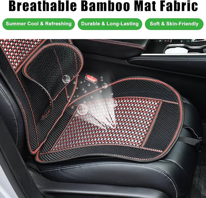 JSCARLIFE Breathable Car Seat Cushion, Summer Cooling Bamboo Single Seat Pad with 3D Lumbar Support - Airbag Compatible Driver Seat Mat for Long Drive Fatigue Relief