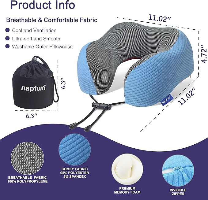 napfun Neck Pillow for Traveling, Upgraded Travel Neck Pillow for Airplane 100% Pure Memory Foam Travel Pillow for Flight Headrest Sleep, Portable Plane Accessories, Sky Blue Striped Kit