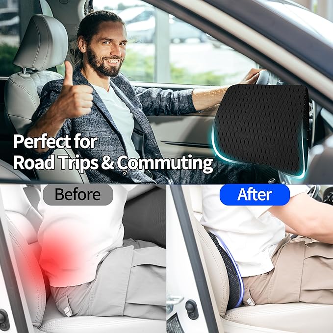 Lumbar Support Pillow for Car & Office Chair - High-Density Memory Foam for Sciatica & Lower Back Pain Relief - Non-Slip Back Support Cushion for Long Commutes & Desk Workers (4D Mesh Black)