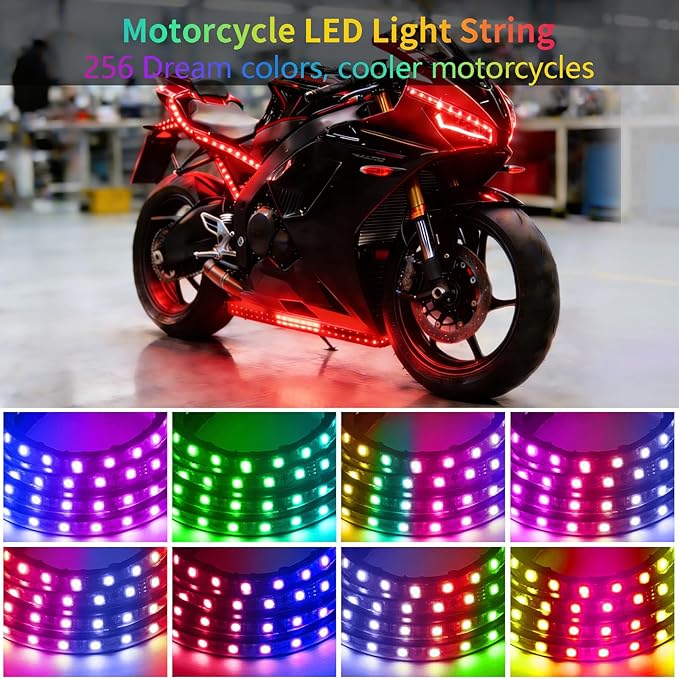 Motorcycle LED Underglow Kit, RGB LED Strips Waterproof Motorcycle Lights, Motorcycle Lights Underglow Kit with APP Control (10Pcs+APP+USB)