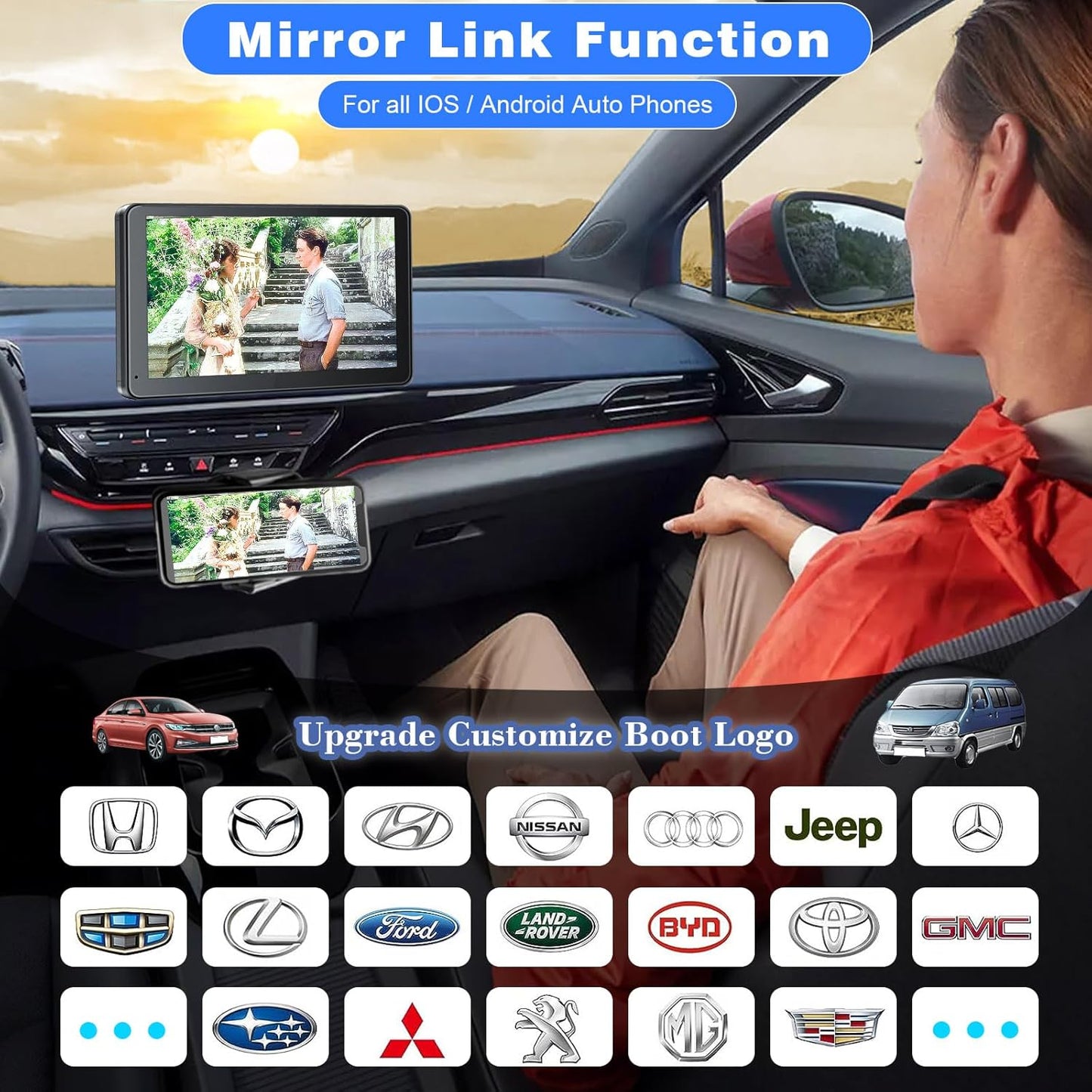 Portable Wireless with Apple CarPlay and Android Auto Screen for Car, 7" HD Touch Screen Car Stereo with Mirror Link, Bluetooth 5.2, Backup Camera, AUX,FM Transmitter for All Vehicle