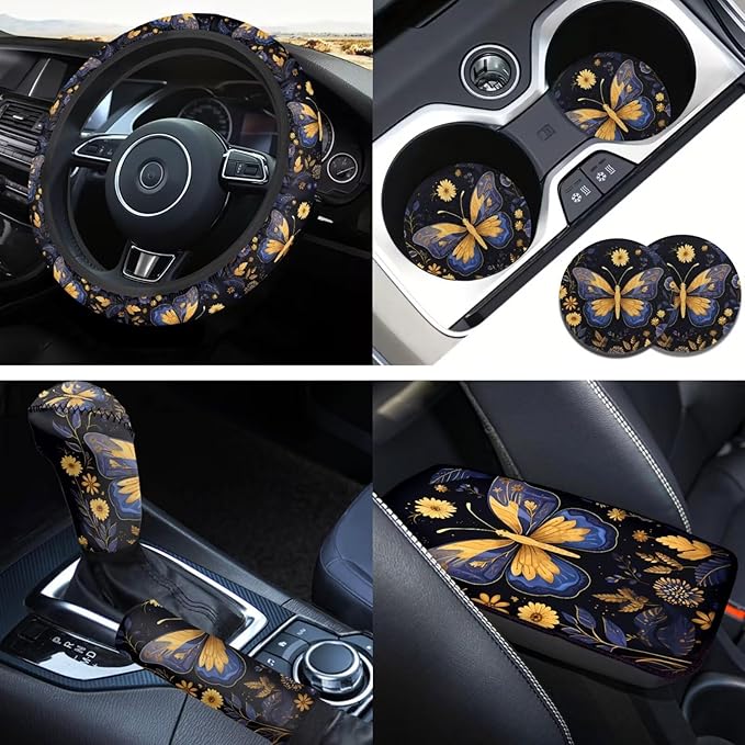 Butterfly Car Decor Set for Women Butterfly Car Steering Wheel Cover Sets Cars Interior Decor Cup Coaster Handbrake Cover Suit for Most Cars Truck Vans SUV