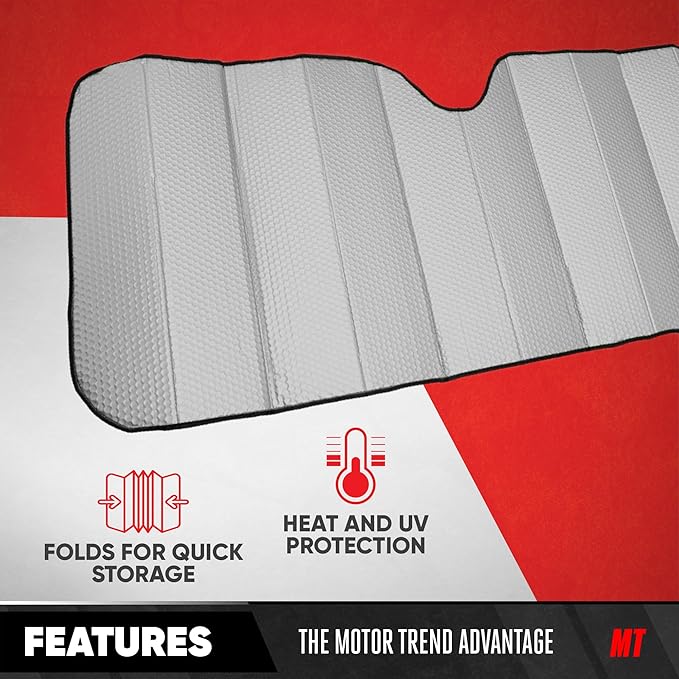 Motor Trend Gray Accordion Folding Car Windshield Sun Shade - Blackout Sun Visor for Car Windshield - Foldable Jumbo Sunshade and Front Window Truck Sun Screen for UV Sun Protection - 66 x 27