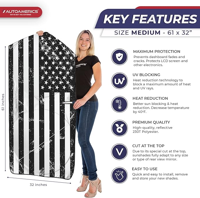 Autoamerics 1-Piece Windshield Sun Shade Grunge B&W American Flag USA Design - Foldable Car Front Window Sunshade for Most Sedans SUV Truck - Blocks Max UV Rays and Keeps Your Vehicle Cool - Medium