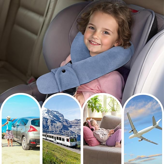 Kids Travel Neck Pillow, Toddler Travel Pillow for Car & Airplane and Head & Chin Support, Comfortably Travel Neck Pillow for Road Trip Sleeping, Gifts for Toddler/Child/Kids (Light Blue & Dark Blue)