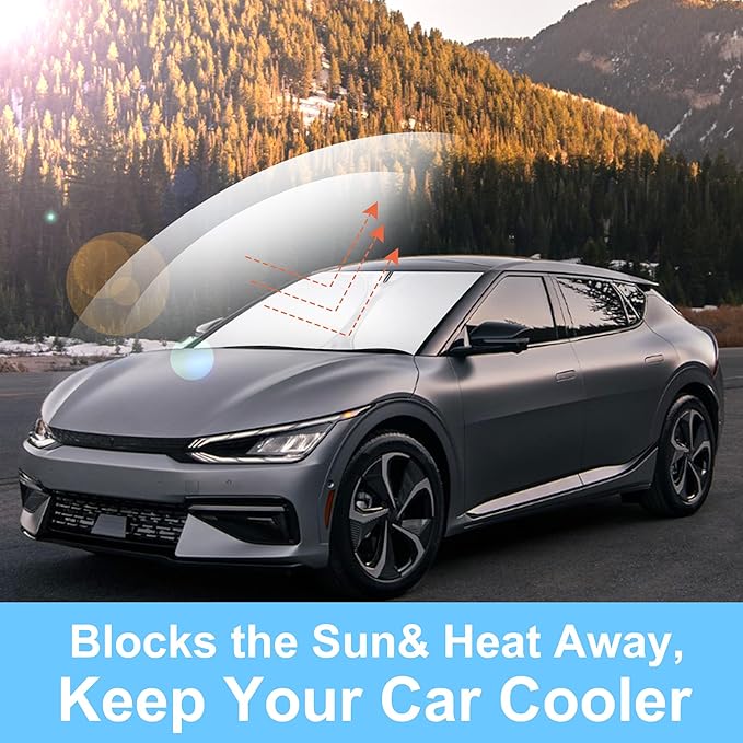 Windshield Sun Shade Custom Fit for 2022 2023 2024 2025 2026 Kia EV6 Accessories Foldable Sunshade Sun Blocker Protect Car from Sun Rays & Heat Damage Keep Car Cooler