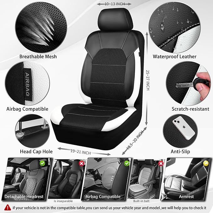 CAR PASS Universal Leather Car Seat Covers Full Set with Sporty Design, Breathable All Season Easy to Clean Anti-slip Wear-Resistant Automotive Seat Covers Fit for Most Cars, SUVs, Trucks, Black White