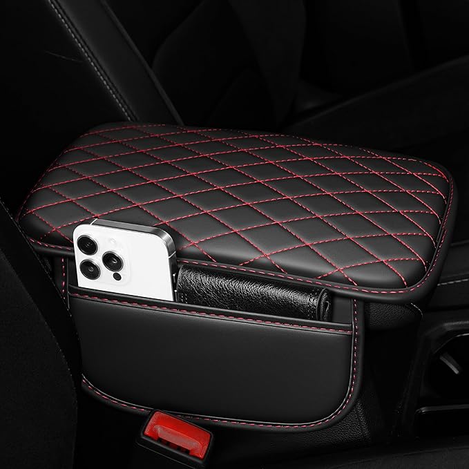 Center Console Cover for Cars Fit for Jeep Grand Cherokee L Leather Armrest Covers with 2 Storage Bags(Black&Red)