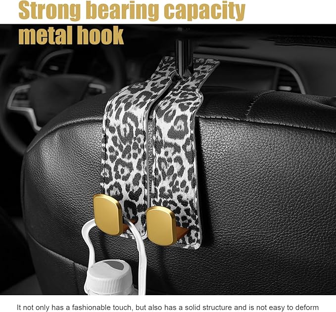 2 PCS Car Seat Back Storage Headrest Hooks, Multi-function Backseat Hanging Organizer for Bag & Phone, Leopard Print Suede Leather Hook, Hidden Storage Accessory for Cars (Black)