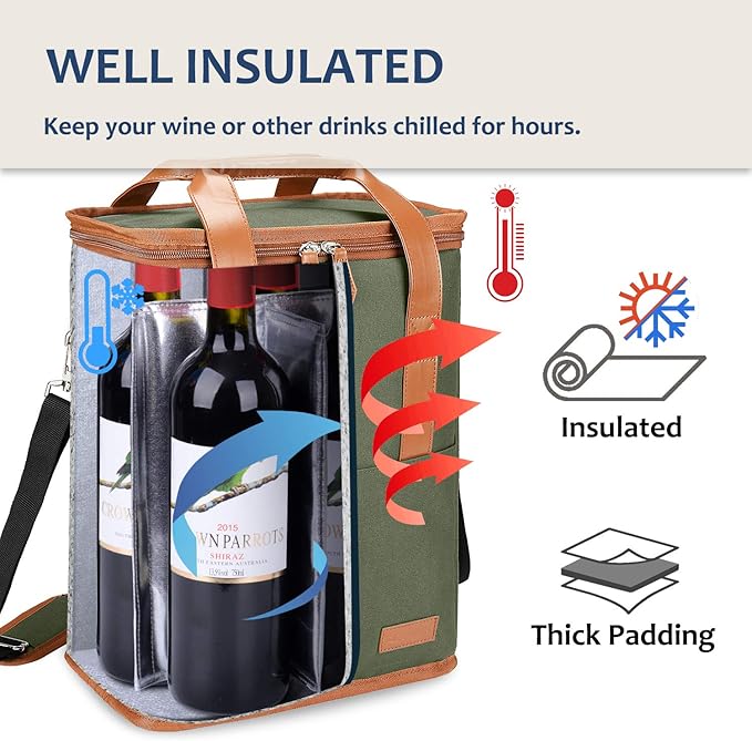 Tirrinia 6 Bottle Wine Gift carrier - Insulated & Padded Wine Carrying Cooler Tote Bag with Handle and Adjustable Shoulder Strap for Travel or Picnic, IDEAL Wine Lover Gift, Oliver