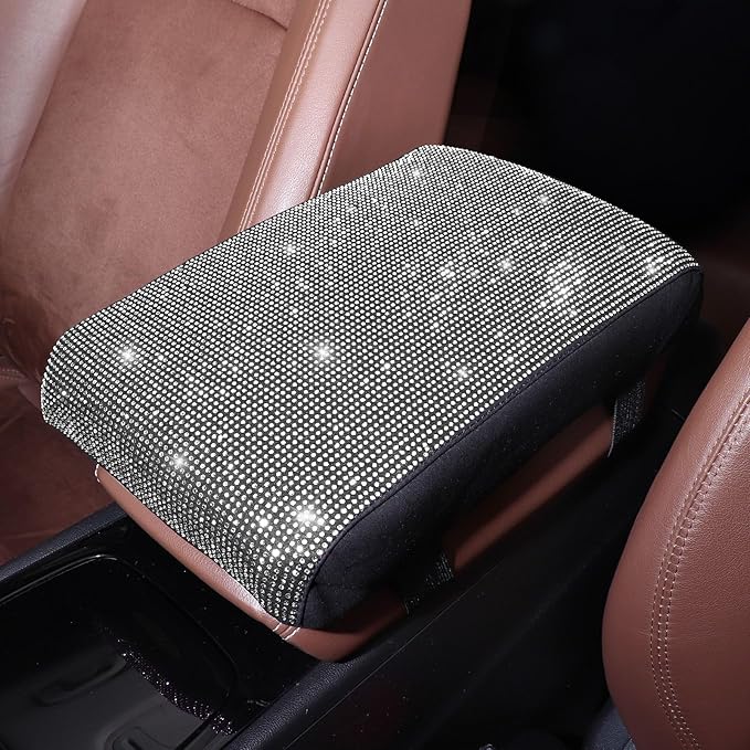 Bling Car Armrest Cover with Memory Foam Cushion Pad & Rhinestones, Universal Diamond Center Console Cover for Cars, Bling Middle Console Cover, Bling Car Accessories for Women, White