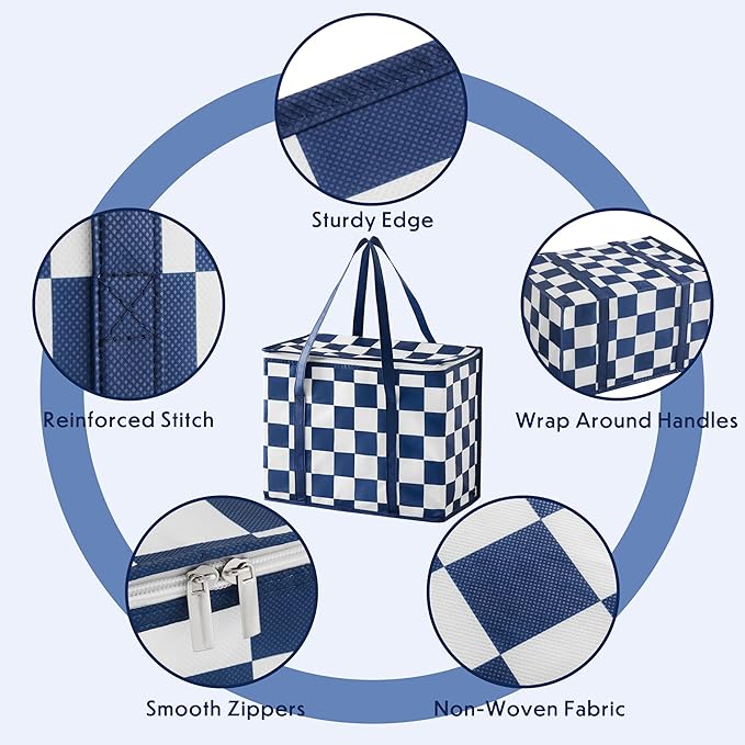 Checkered Insulated Grocery Bags 2 Pack, Checkerboard Cooler Shopping Bags for Groceries, Insulated Bags for Food Delivery